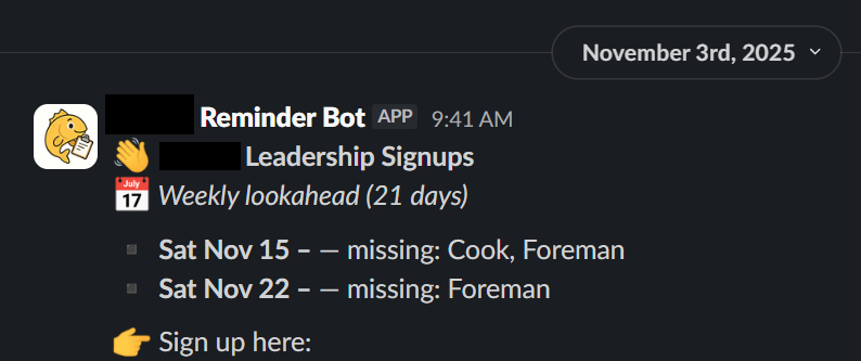 Signup Reminder Bot interface preview.
